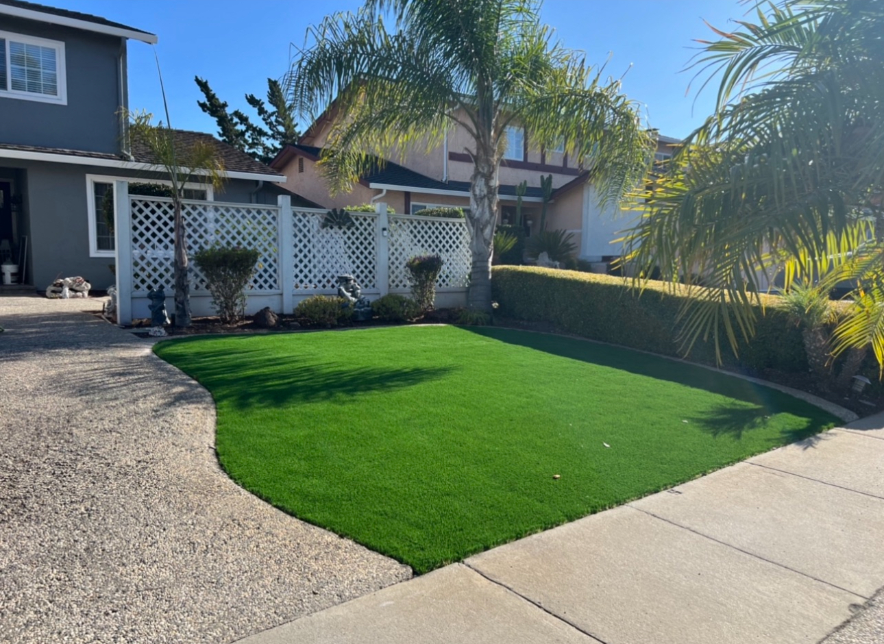 Curved front yard artificial turf installation